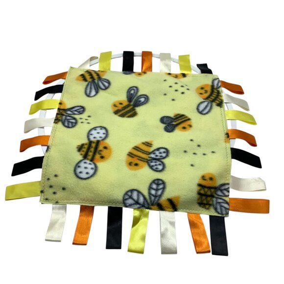 Bee-Themed Baby Tag Blanket With Satin Ribbons 17”x17” Soft Fleece Sensory Toy - Picture 1 of 4